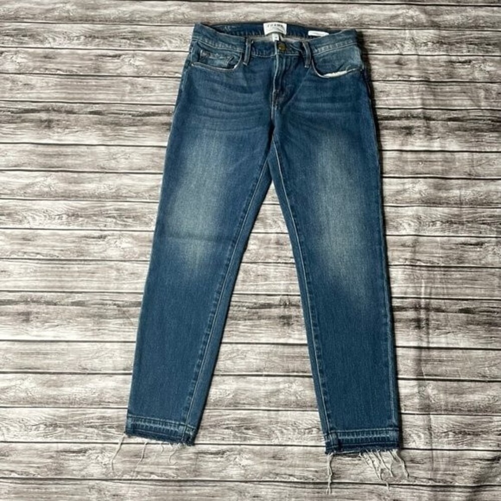 Frame Denim Le Garcon Crop Skinny Jeans Medium Blue Raw Hem Size 26